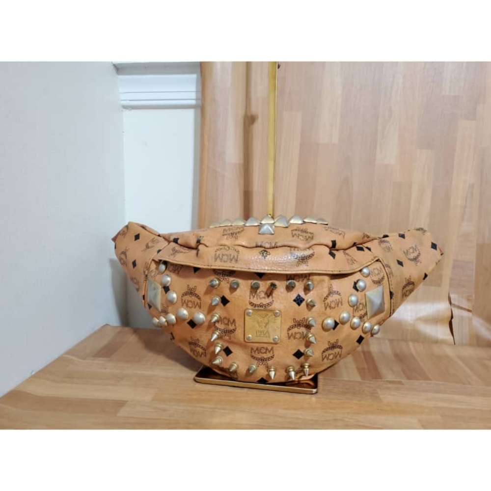 Authentic MCM Cognac Studded Visetos Belt Bag Fanny Pack Waist - Picture 8 of 14